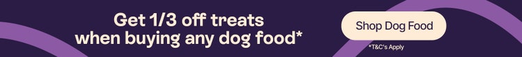 Get 1/3 off treats when buying any dog food* Shop Dog Food