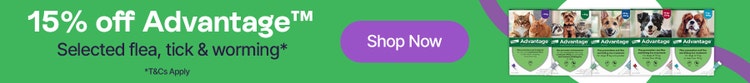 15% off Advantage Selected flea, tick &amp; worming* Shop Now